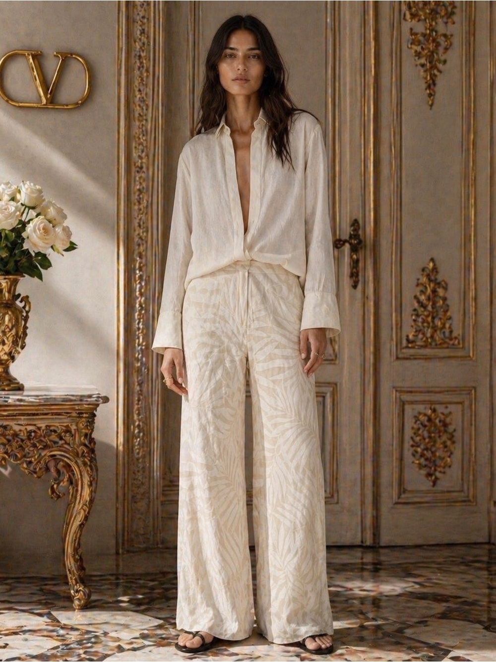 VALENTINO MISS V SILK Blend ITALY MADE Straight Pants Floral CRUPPO CFT 44/10